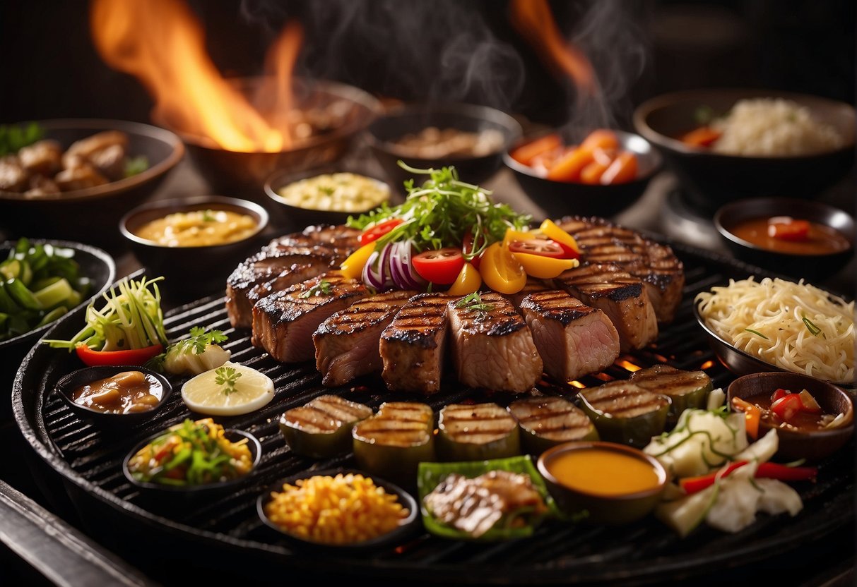 A sizzling grill with assorted meats and vegetables, surrounded by happy customers enjoying the Gyu-Kaku Japanese BBQ promotion