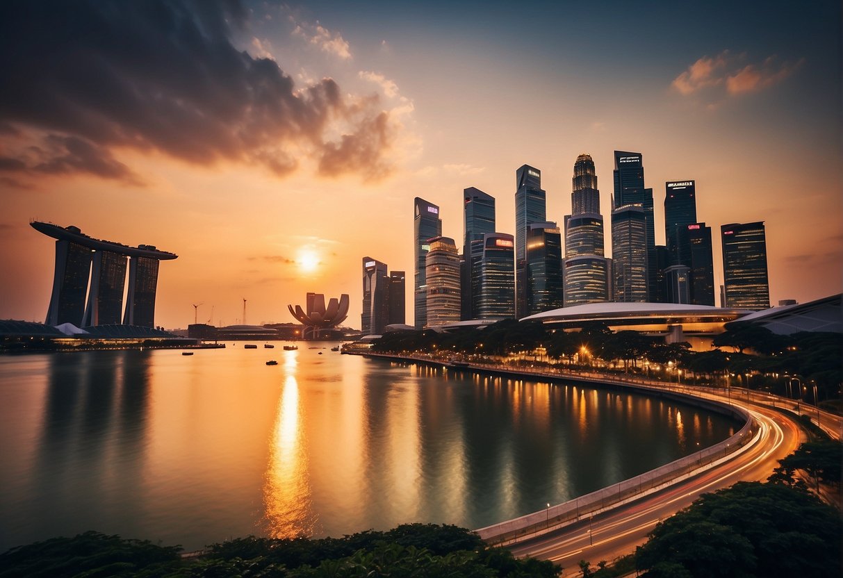 The sun sets over the iconic Singapore skyline, casting a warm golden glow over the city's famous landmarks and bustling streets