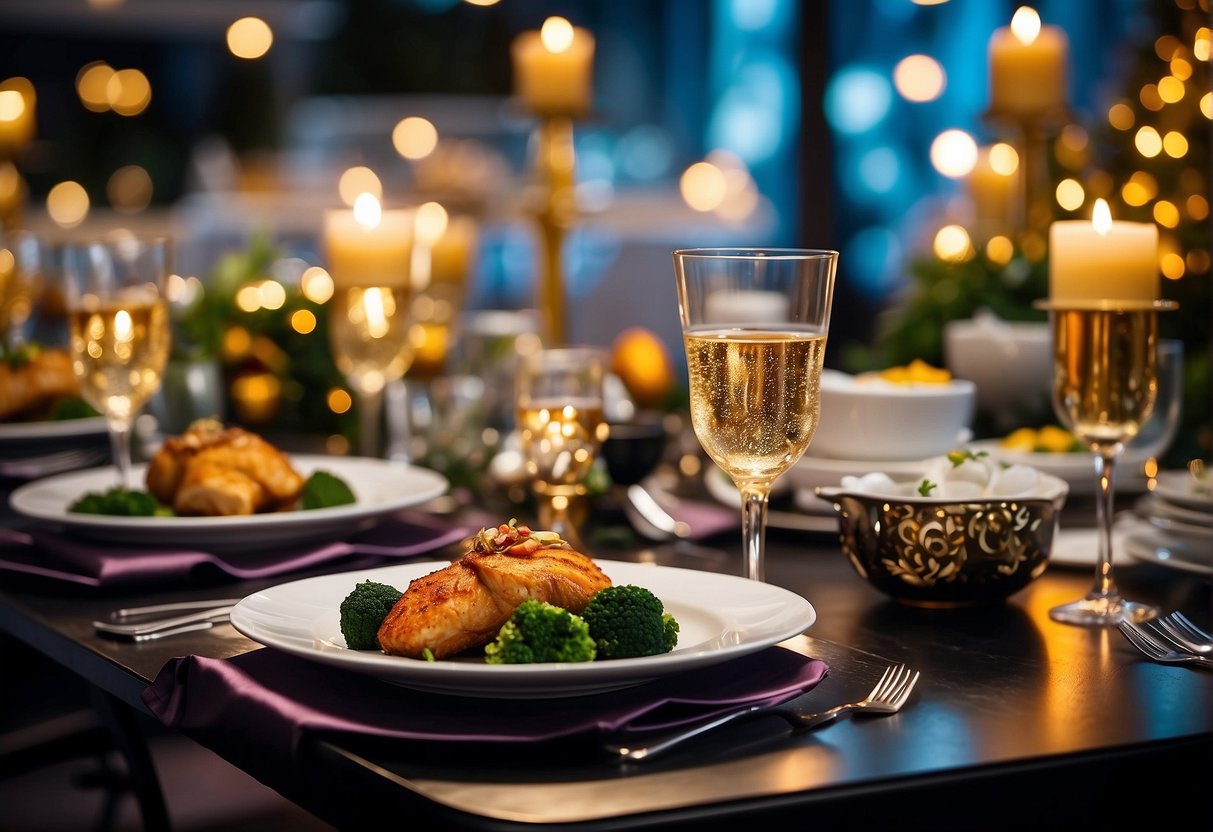 A festive dining table adorned with elegant New Year's Eve dinner promotions in Singapore, featuring a variety of delectable dishes and sparkling decorations