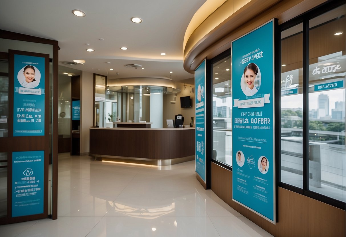 A dental clinic in Singapore adorned with promotional banners and signs, showcasing various dental services and special offers