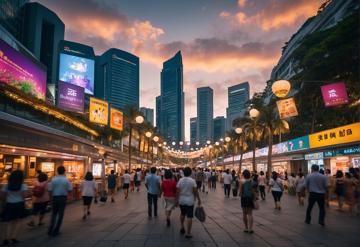 A bustling street in Singapore, adorned with colorful banners and signs advertising various promotions for popular attractions in 2024