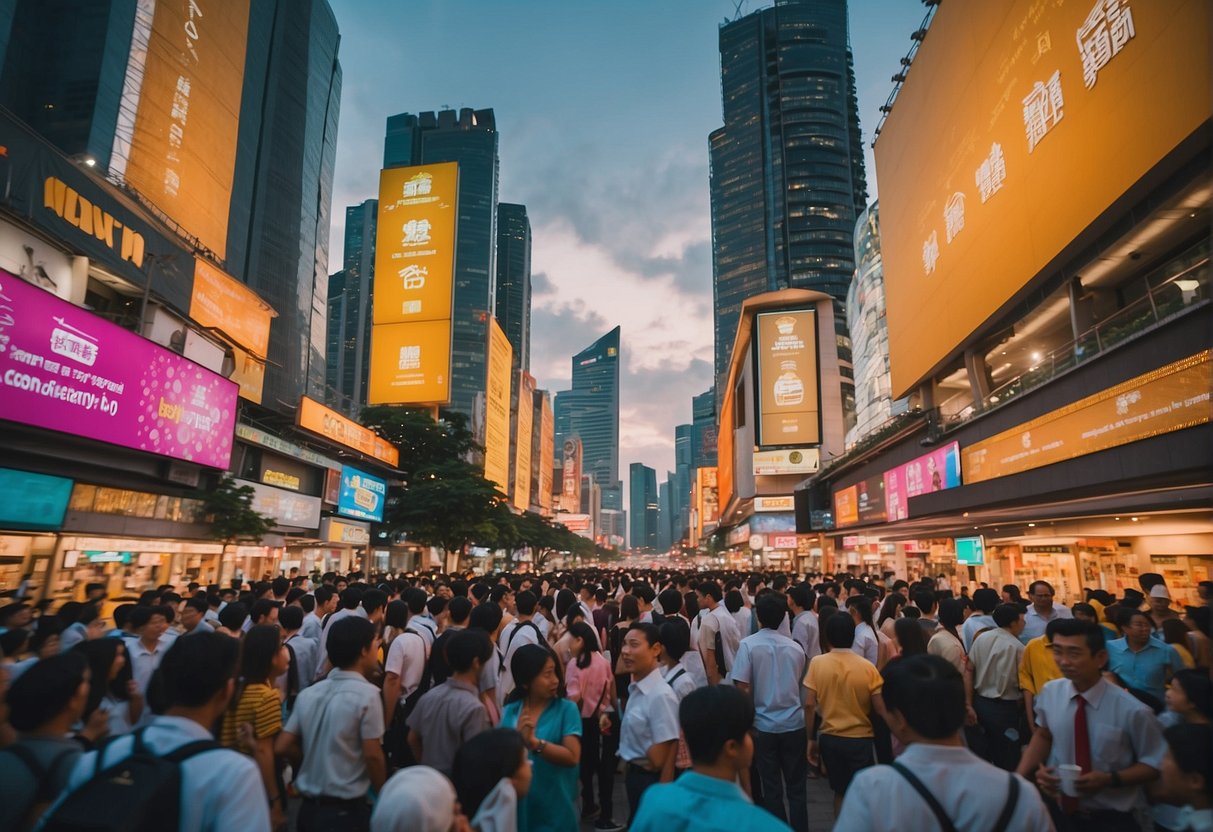 A bustling city street with colorful signs and bustling crowds, showcasing the vibrant energy of Xcape Promotions in Singapore