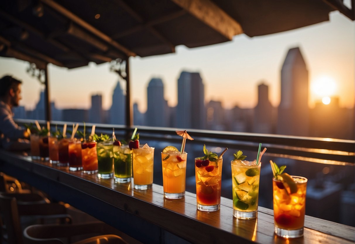 Vibrant rooftop bar with colorful cocktails, city skyline, and glowing sunset. A lively atmosphere with people enjoying drinks and music