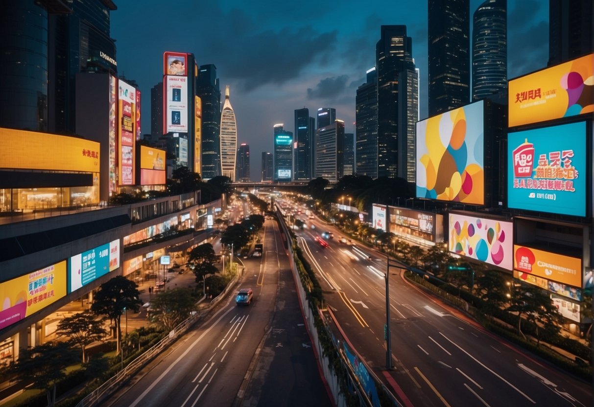 A bustling city street with bright lights and colorful billboards, showcasing the vibrant energy of TADA Promotions in Singapore
