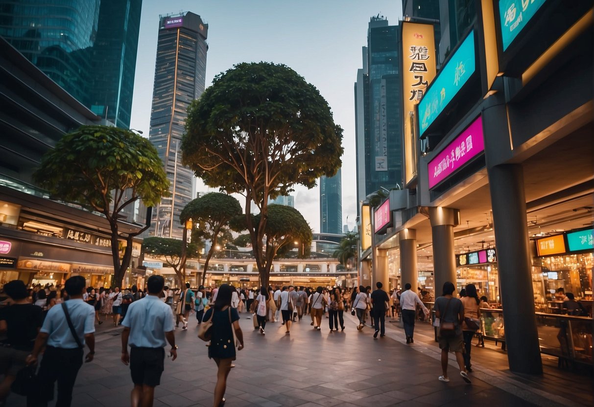 A bustling city street with colorful signs advertising Singapore attractions and promotions. Pedestrians walk by, while a sense of excitement and adventure fills the air