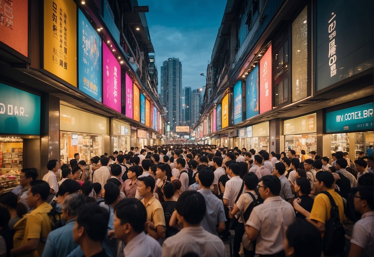 A bustling city street with colorful banners and bustling crowds, featuring the iconic TCC Promotions Singapore storefront