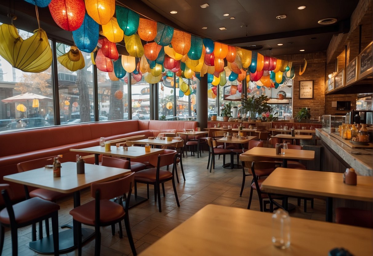 A vibrant restaurant interior with colorful banners and promotional signs displayed. Tables set with utensils and condiments, with a welcoming atmosphere