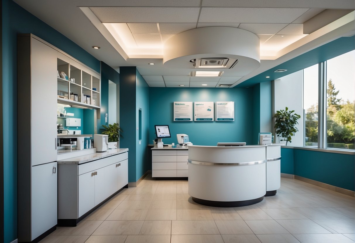A bright, modern dental office with promotional signage and a welcoming atmosphere