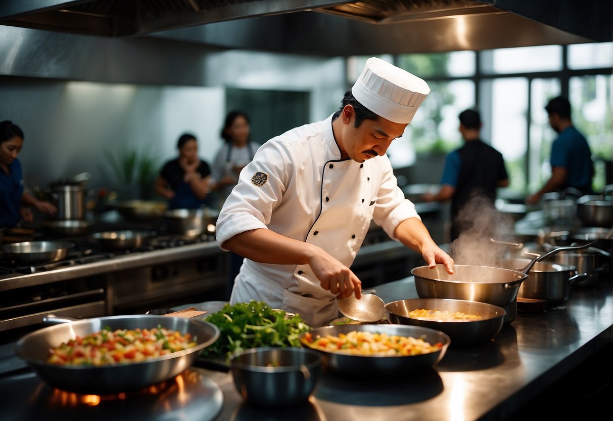 A chef prepares dishes at a lively culinary workshop, while guests enjoy sundowners and special promotions in Singapore