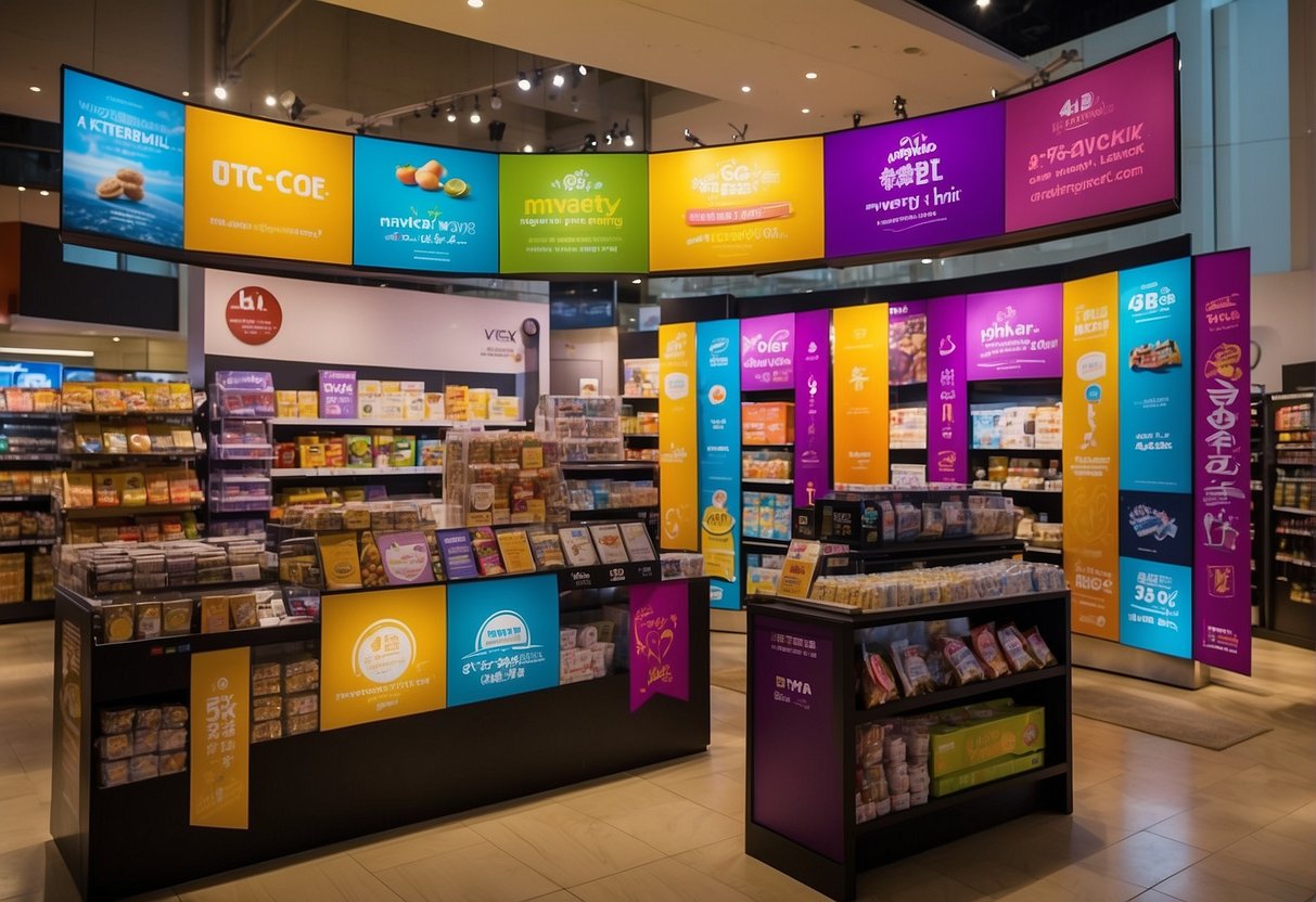 A vibrant display of TCC promotions, featuring colorful banners and enticing product images, draws in customers at a bustling Singapore location