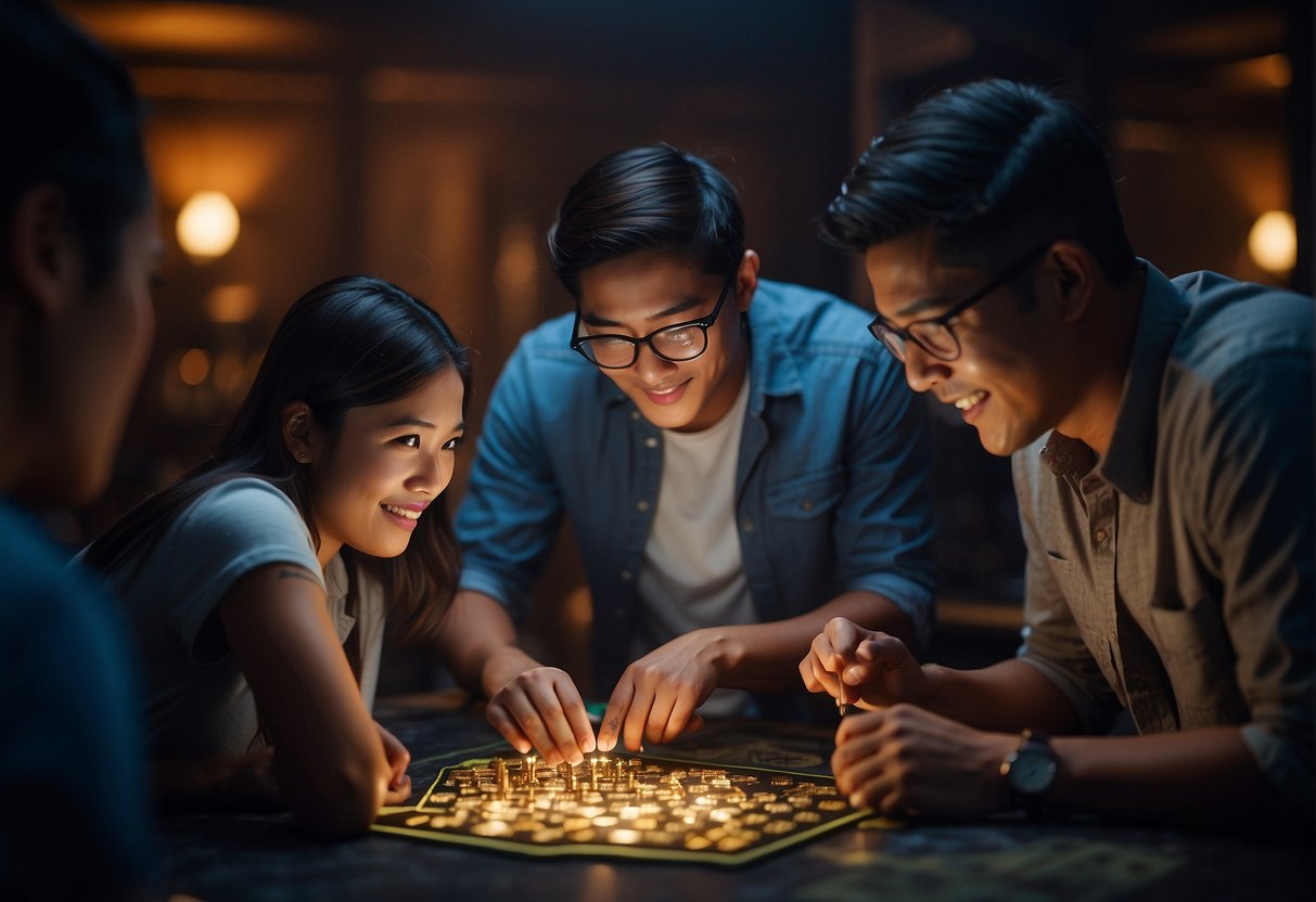A group of friends eagerly work together to solve puzzles and unlock hidden clues in a dimly lit, mysterious escape room in Singapore