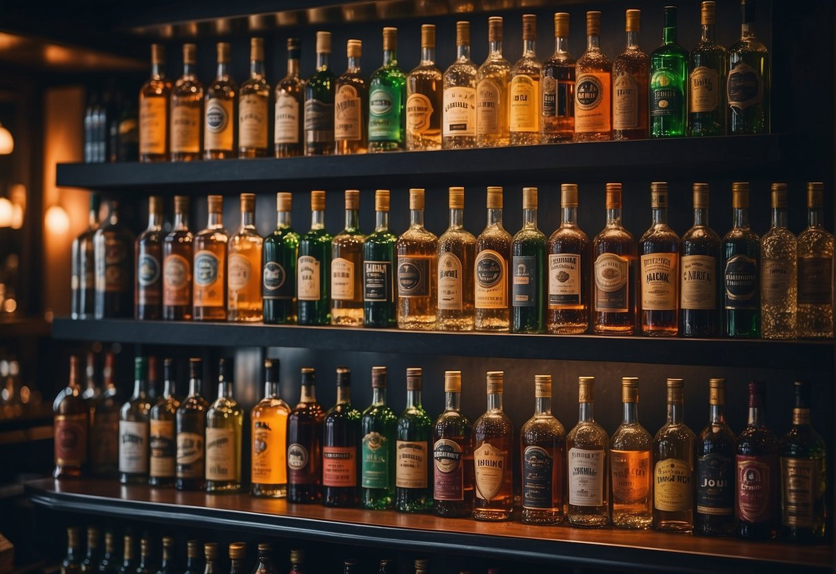 Colorful liquor bottles on display with promotional signs in a busy Singapore bar