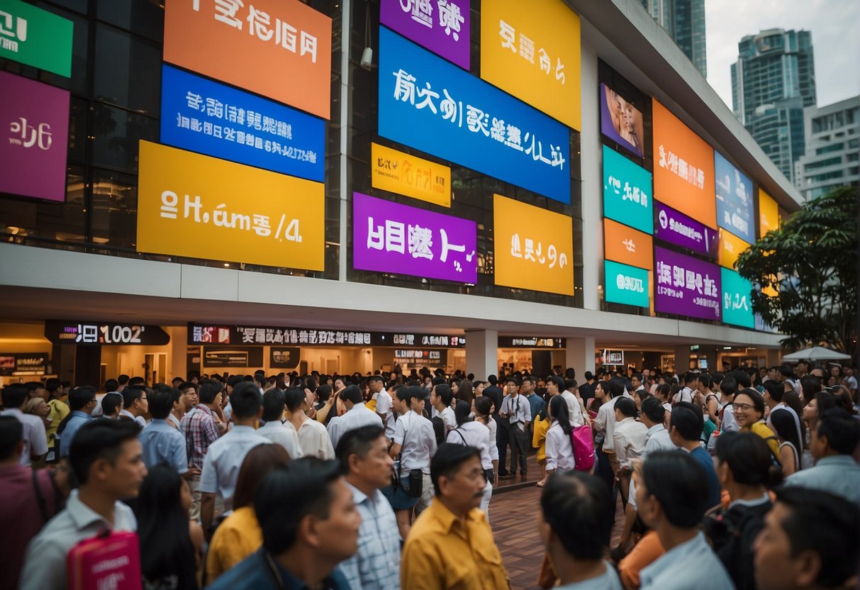 A colorful display of "Frequently Asked Questions" signs and banners at a bustling promotional event in Singapore