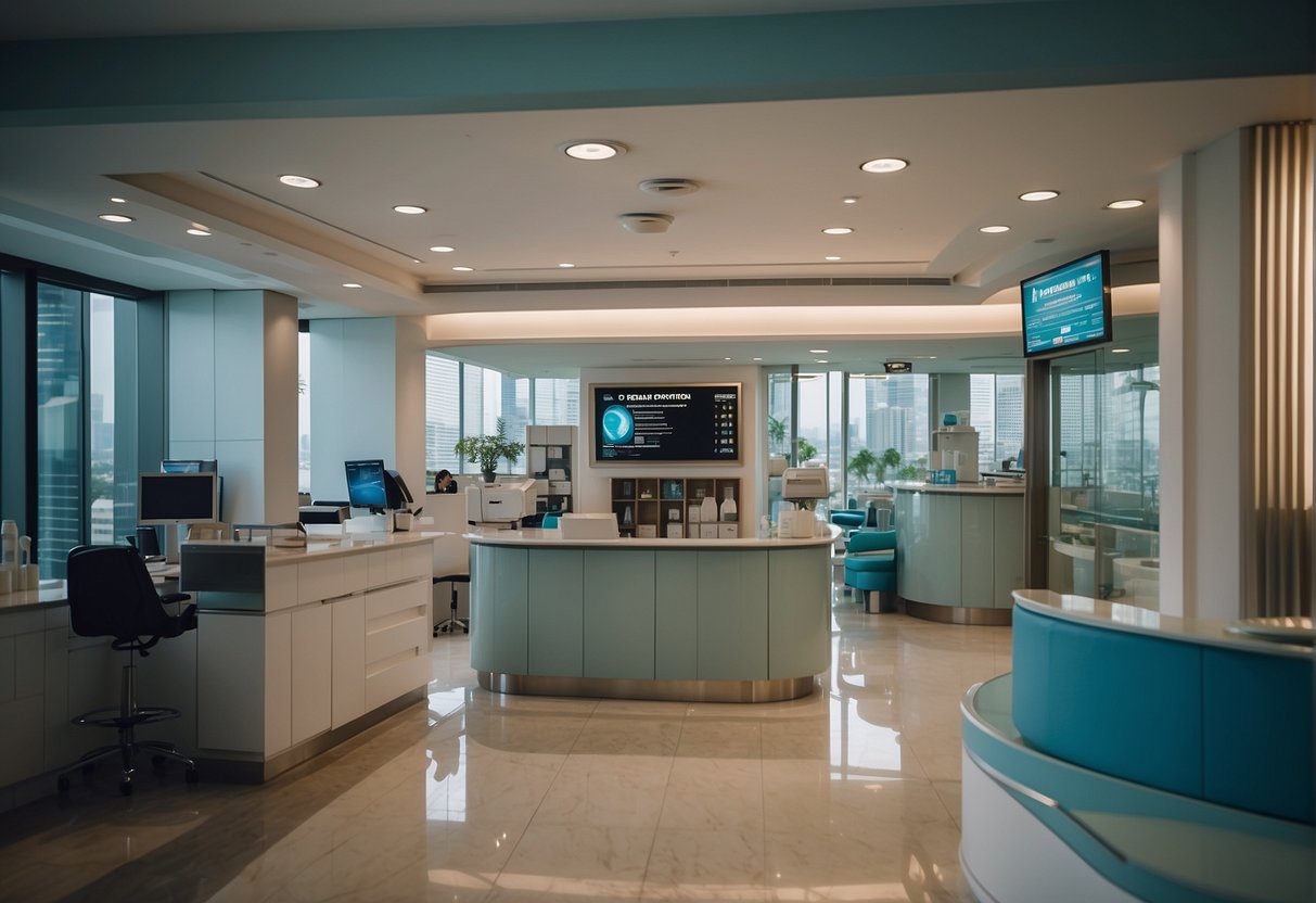 A dentist's office with a sign promoting dental promotions in Singapore, featuring a list of frequently asked questions displayed prominently