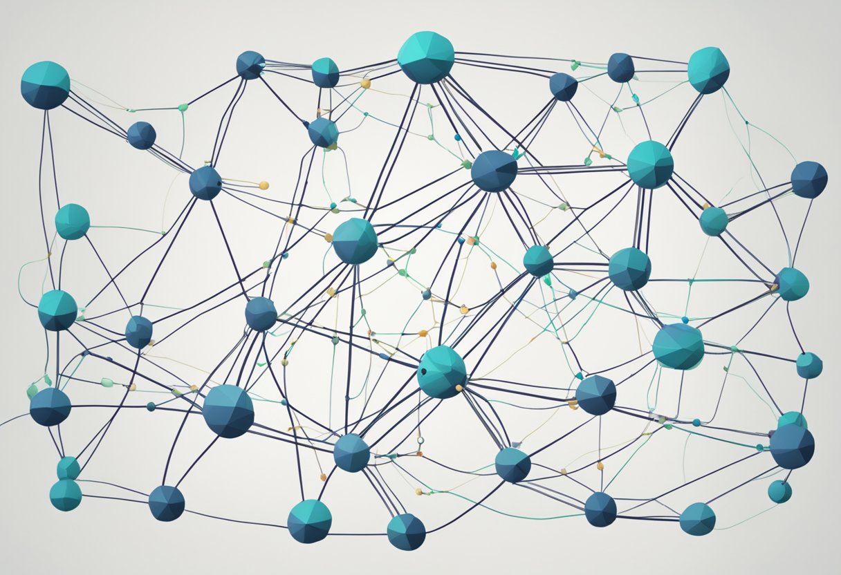 A network of nodes connected by lines, with data flowing between them. Nodes are labeled with mathematical symbols and equations