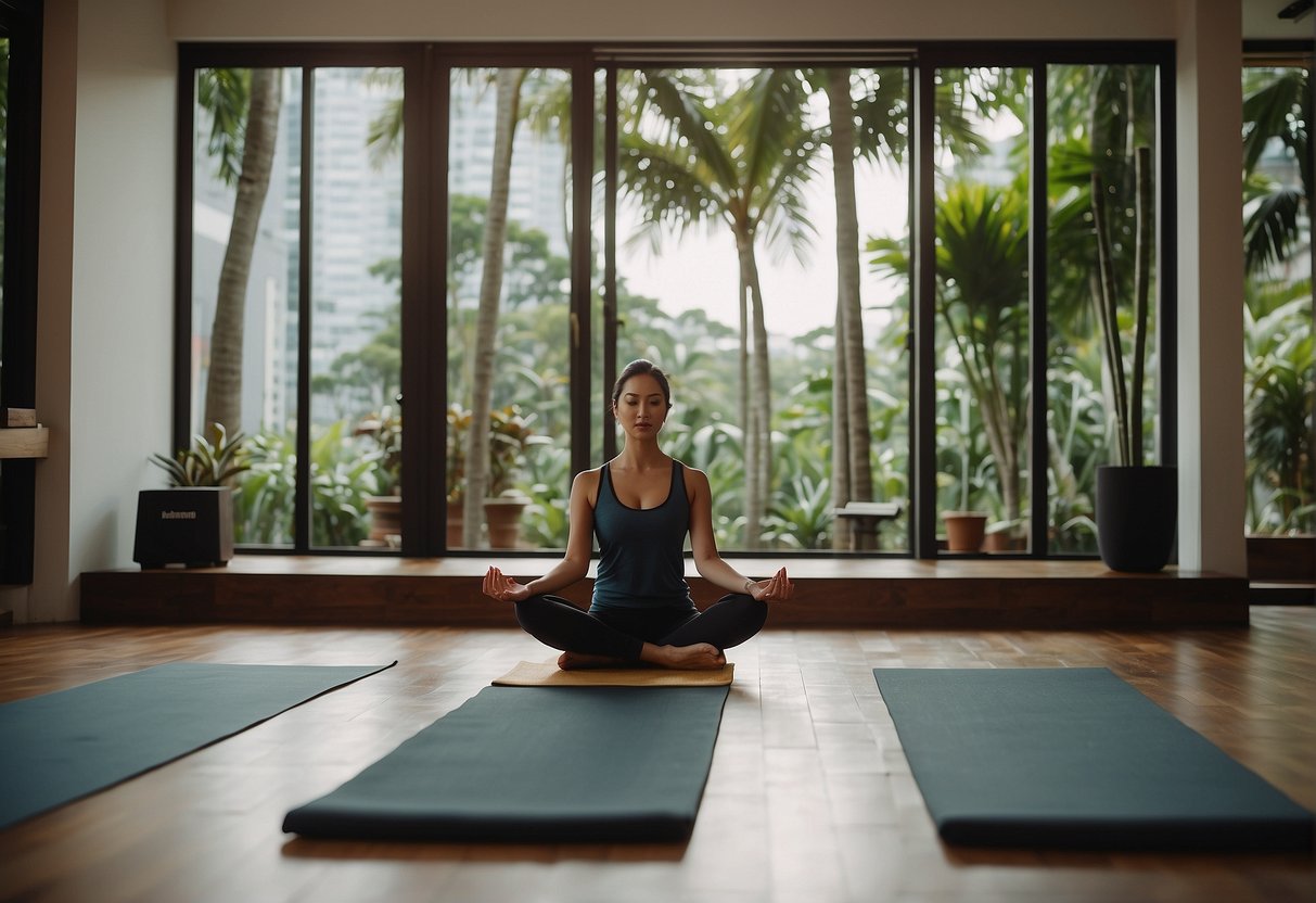 A serene yoga studio in Singapore with promotional materials displayed