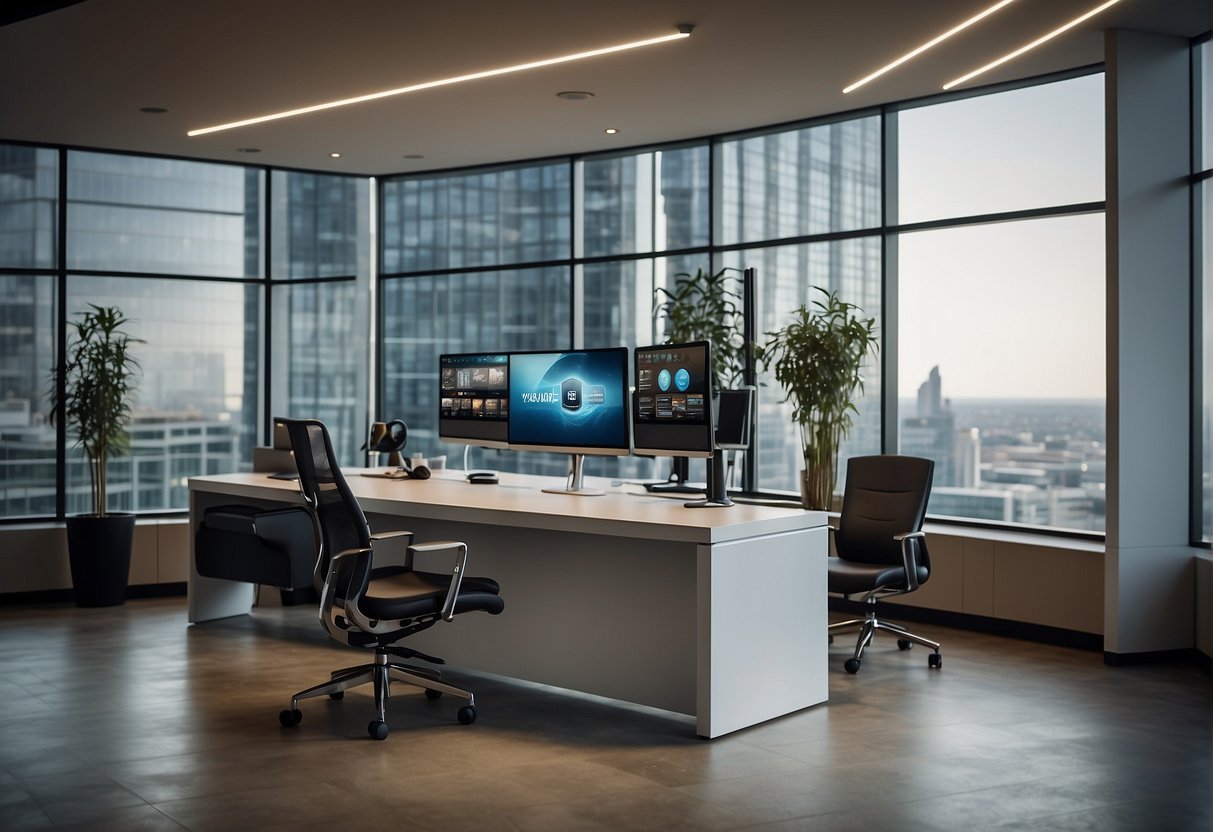 A sleek, modern office setting with computer screens displaying payment systems and commission structures. A promotional banner with the company's logo hangs on the wall