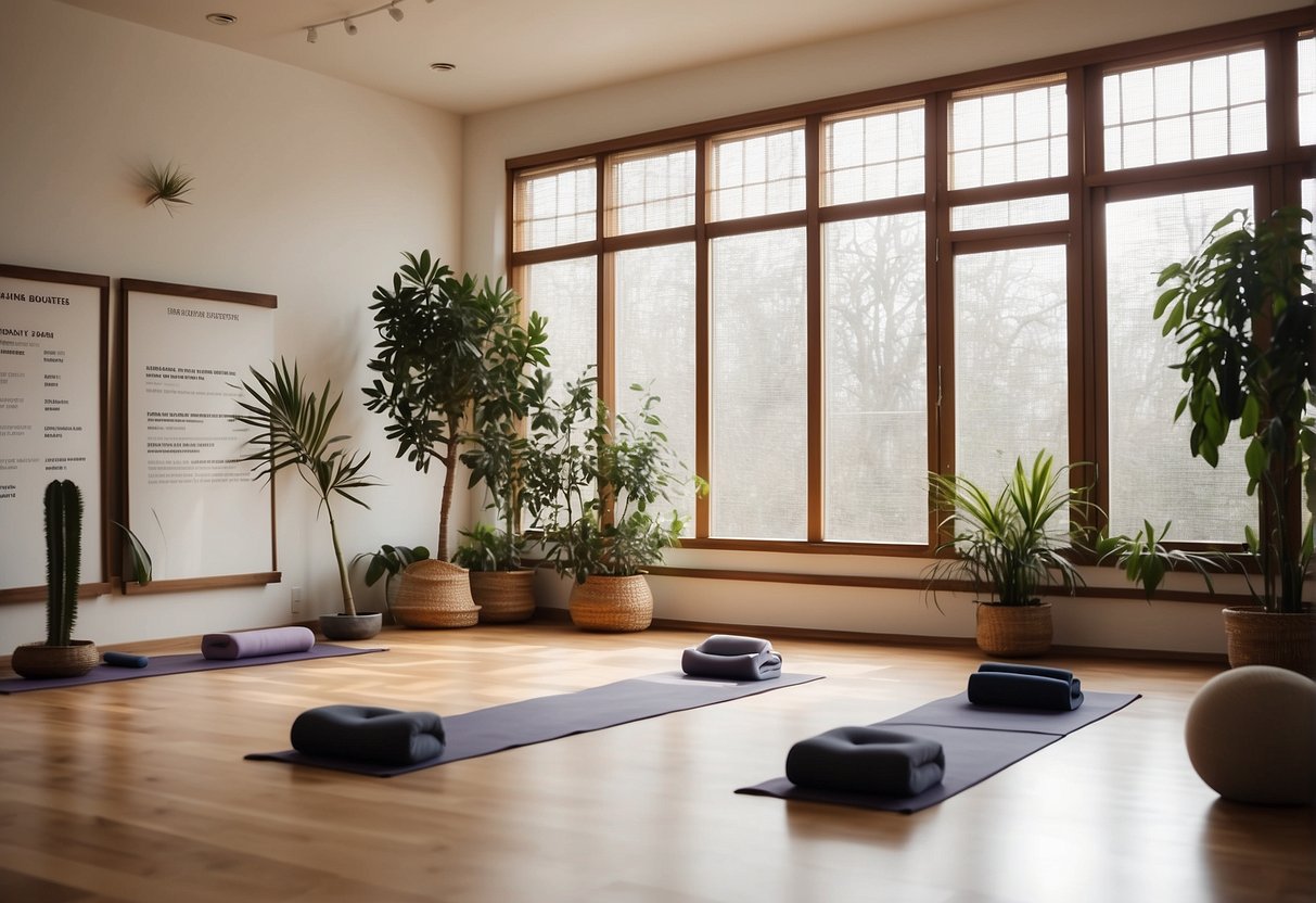 A serene yoga studio with promotional banners, calming decor, and a welcoming atmosphere