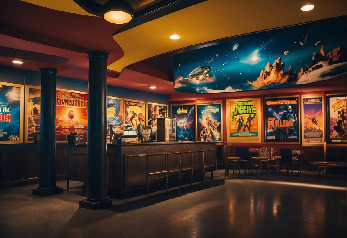 Vibrant, larger-than-life movie posters line the walls of themed rooms. Colorful props and memorabilia from popular blockbusters fill the space, creating an immersive and exciting atmosphere