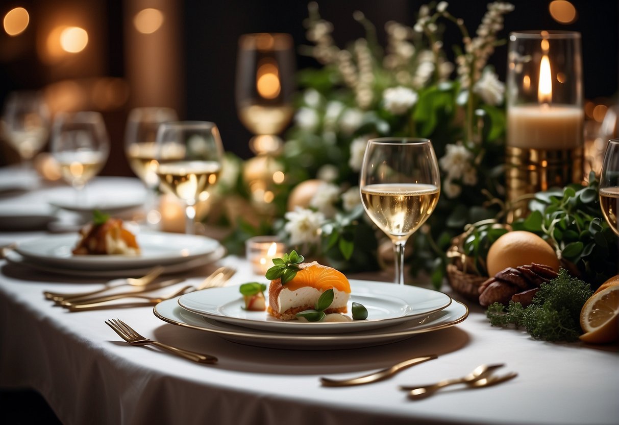 A table set with an array of gourmet dishes, surrounded by elegant decor and soft lighting, evoking a sense of luxury and indulgence