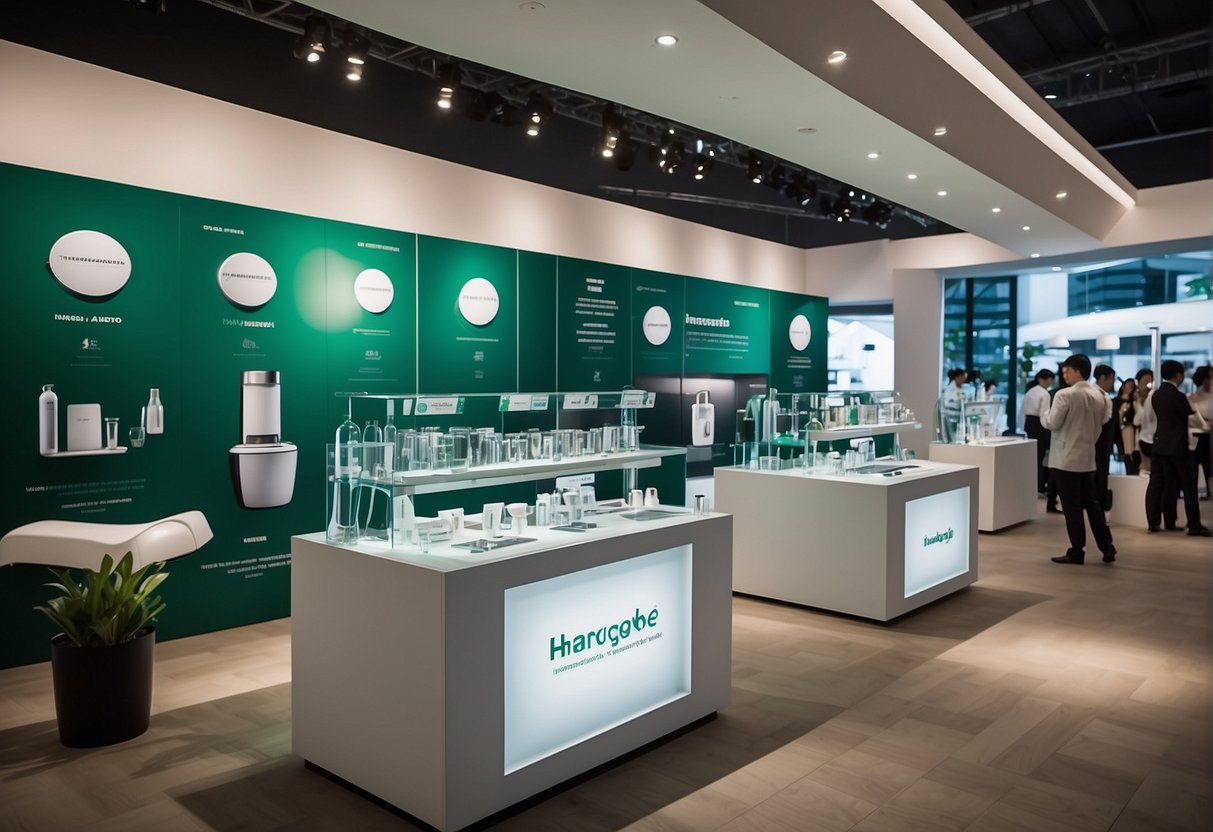 A vibrant display of hansgrohe products at a bustling promotional event in Singapore. Bright banners and interactive demos draw in curious visitors