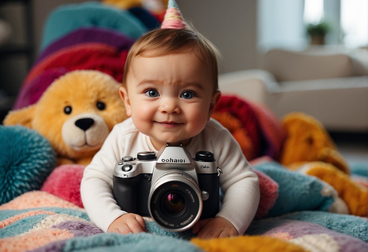 A cute baby surrounded by colorful props and soft blankets, with a professional camera and lighting setup in a cozy studio setting
