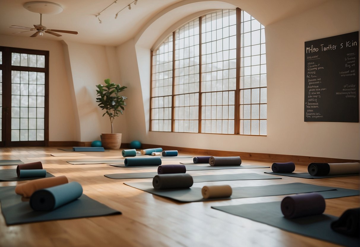 A serene yoga studio with mats arranged in neat rows, soft natural lighting, and a peaceful ambiance. A schedule board displays upcoming classes and promotions