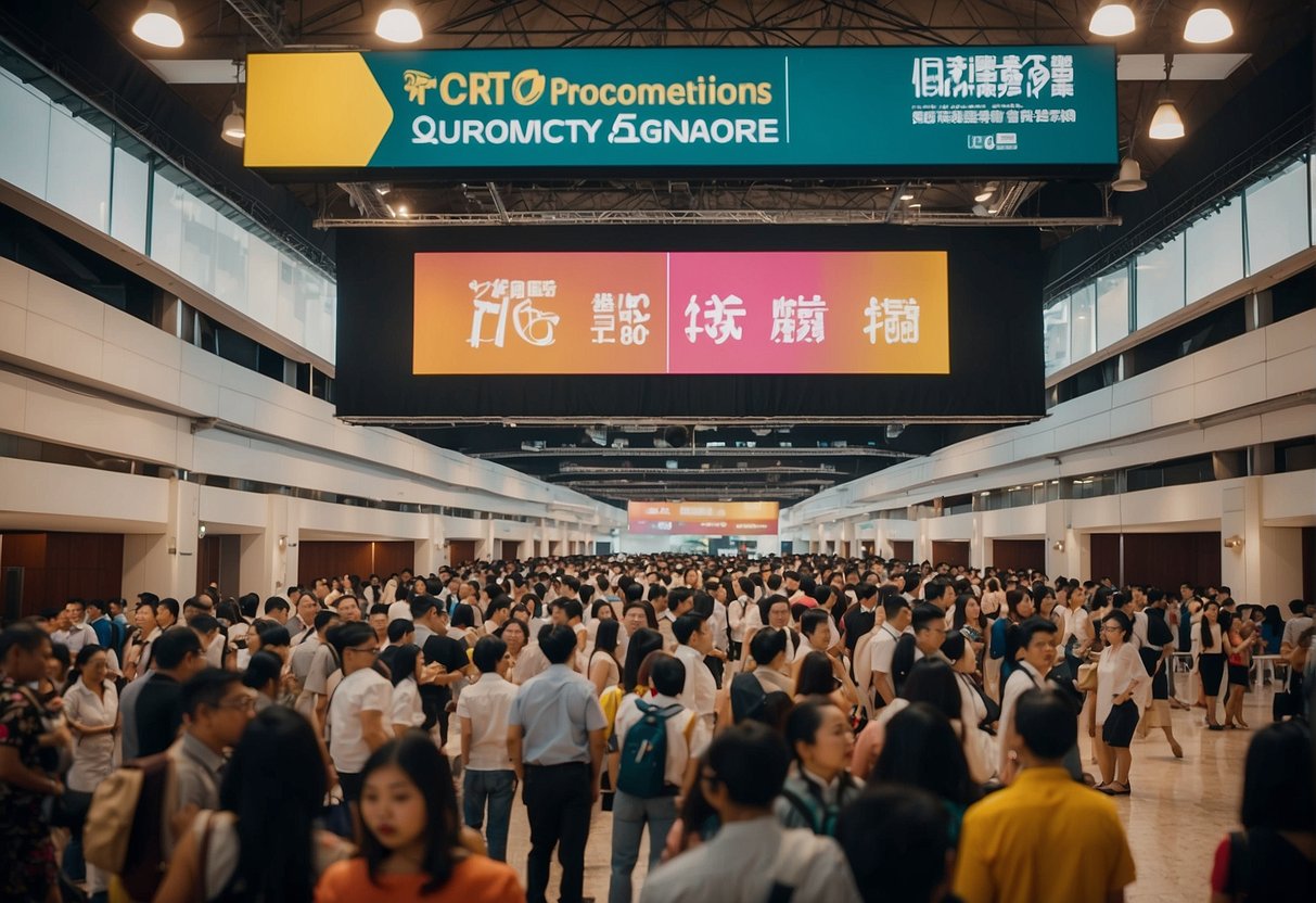 A crowded event hall with people lining up at booths, a large banner reading "Frequently Asked Questions tcc promotions singapore" hangs overhead