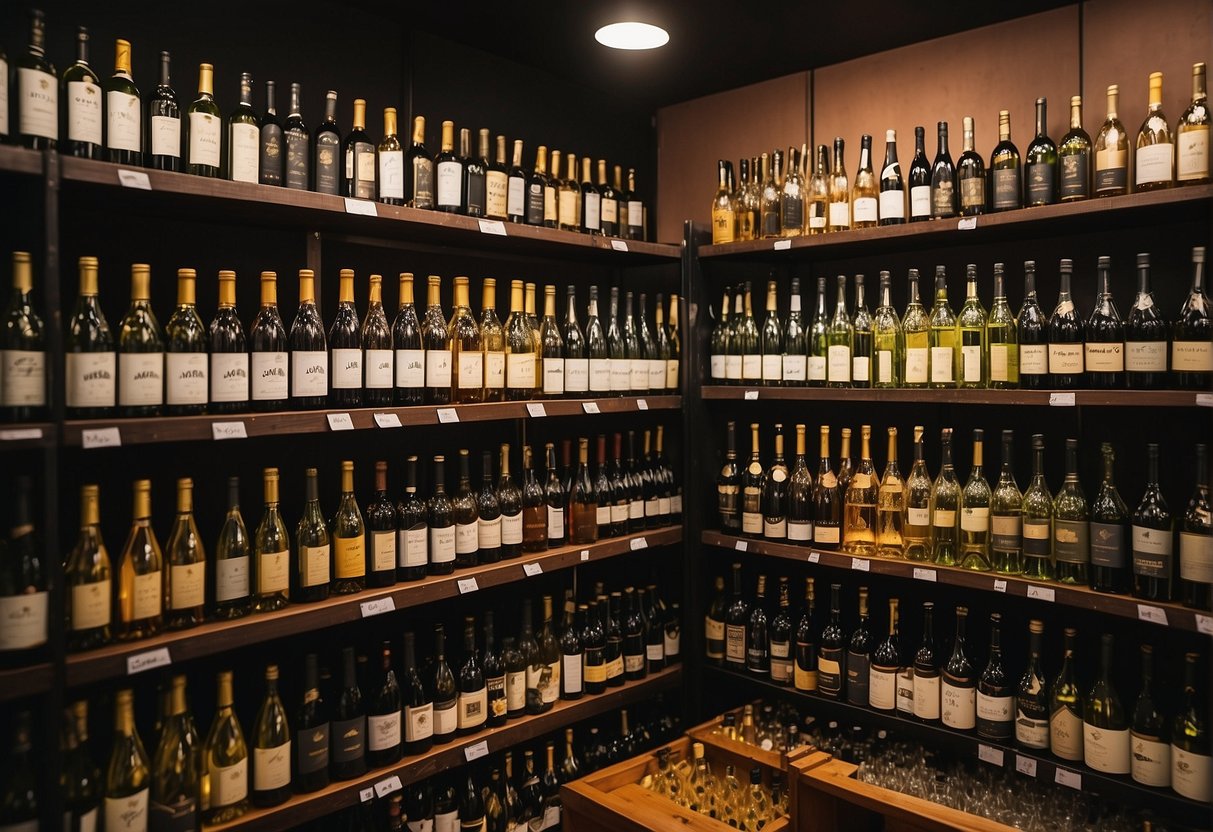Colorful wine and champagne bottles displayed with promotional signs in a bustling liquor store