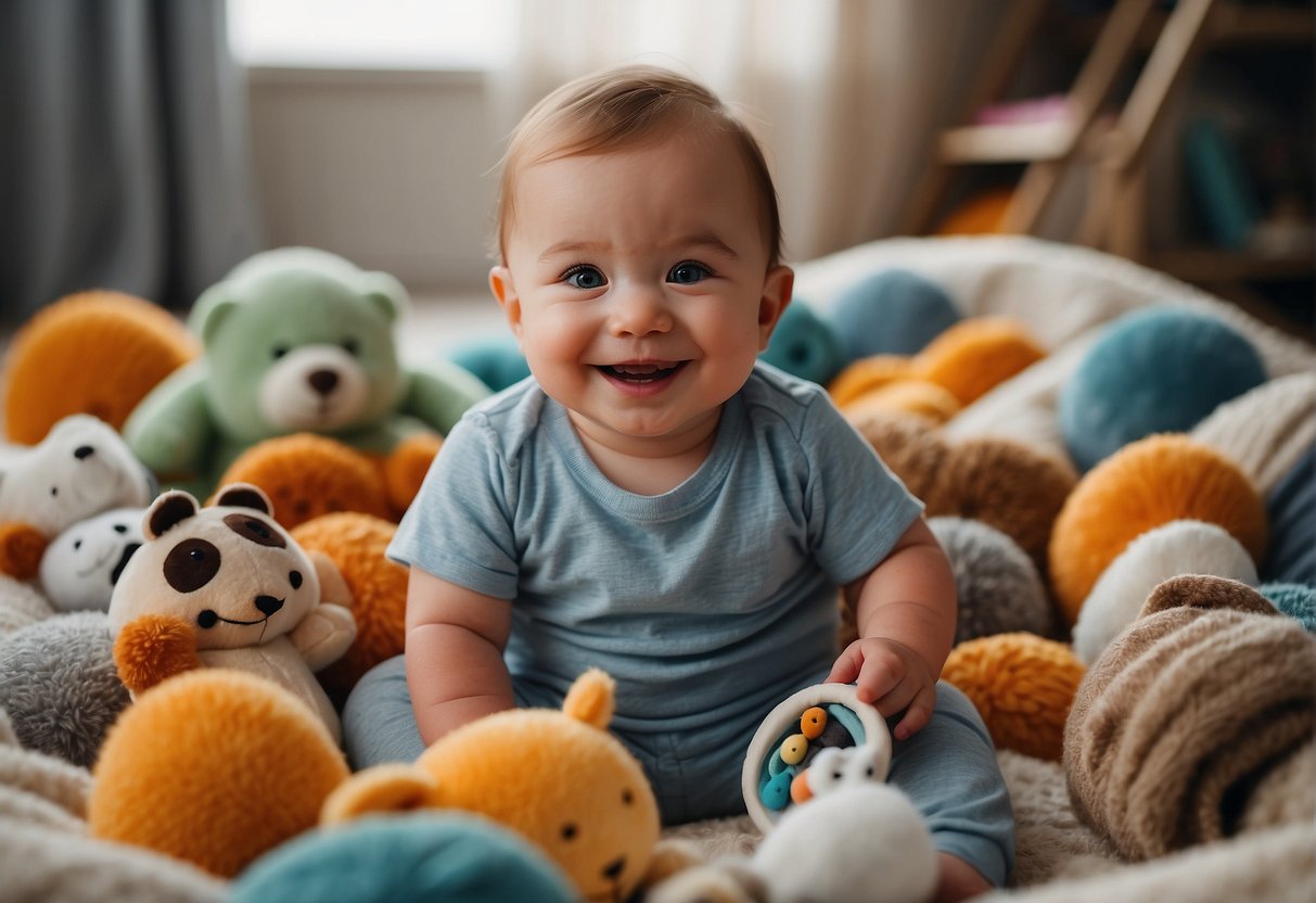 A smiling baby surrounded by colorful toys and soft blankets, with a camera and props nearby