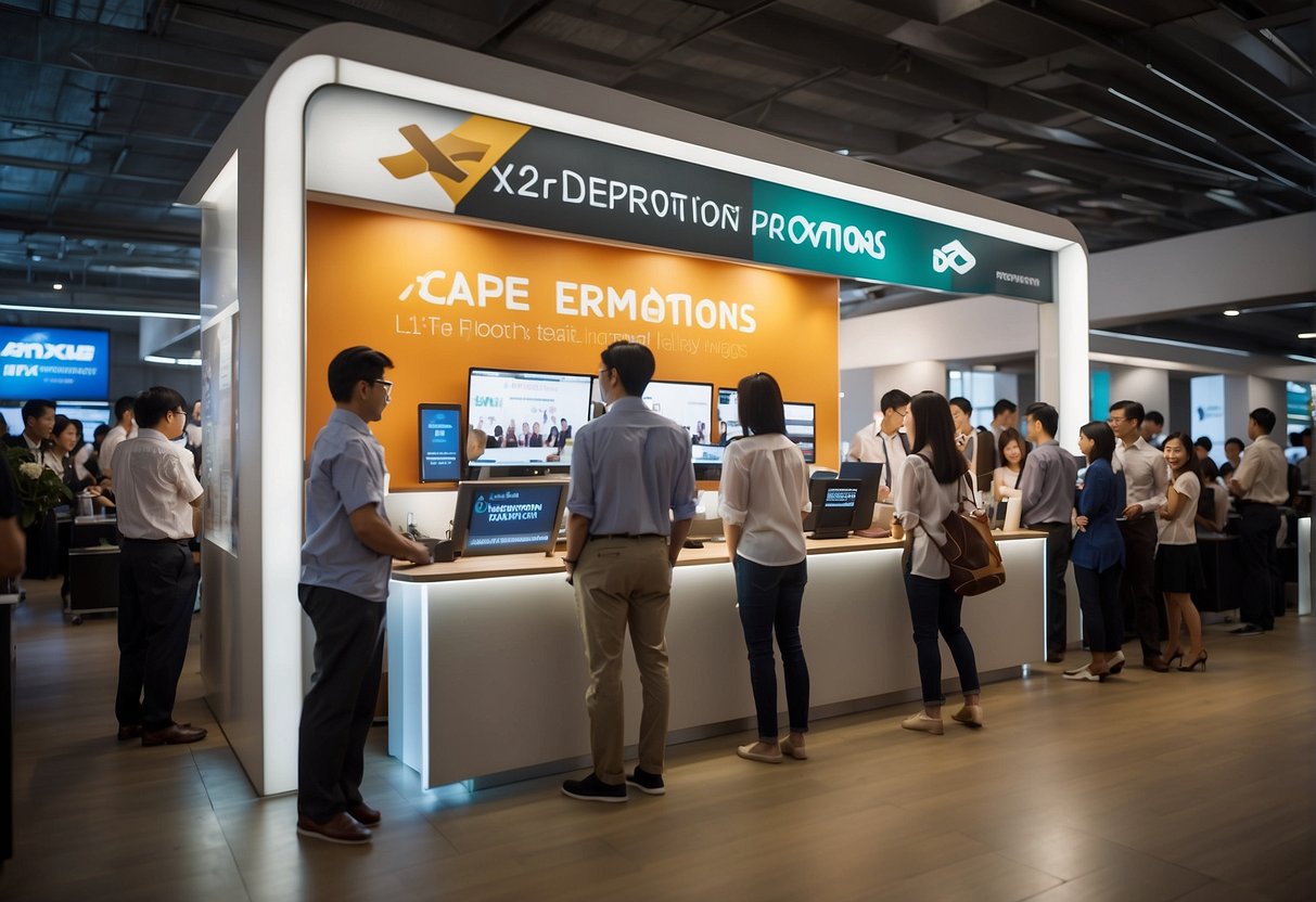 A bustling office setting with people lining up at a promotional booth, signs and banners promoting Xcape promotions Singapore