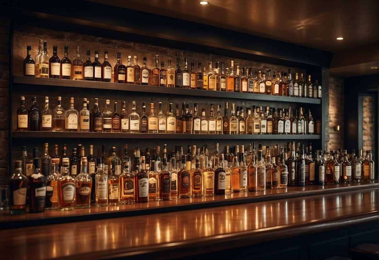 A crowded bar with various liquor bottles on display, promotional posters and signs, and customers interacting with staff