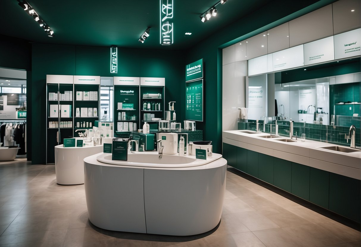 A display of hansgrohe products with promotional signage in a Singapore showroom