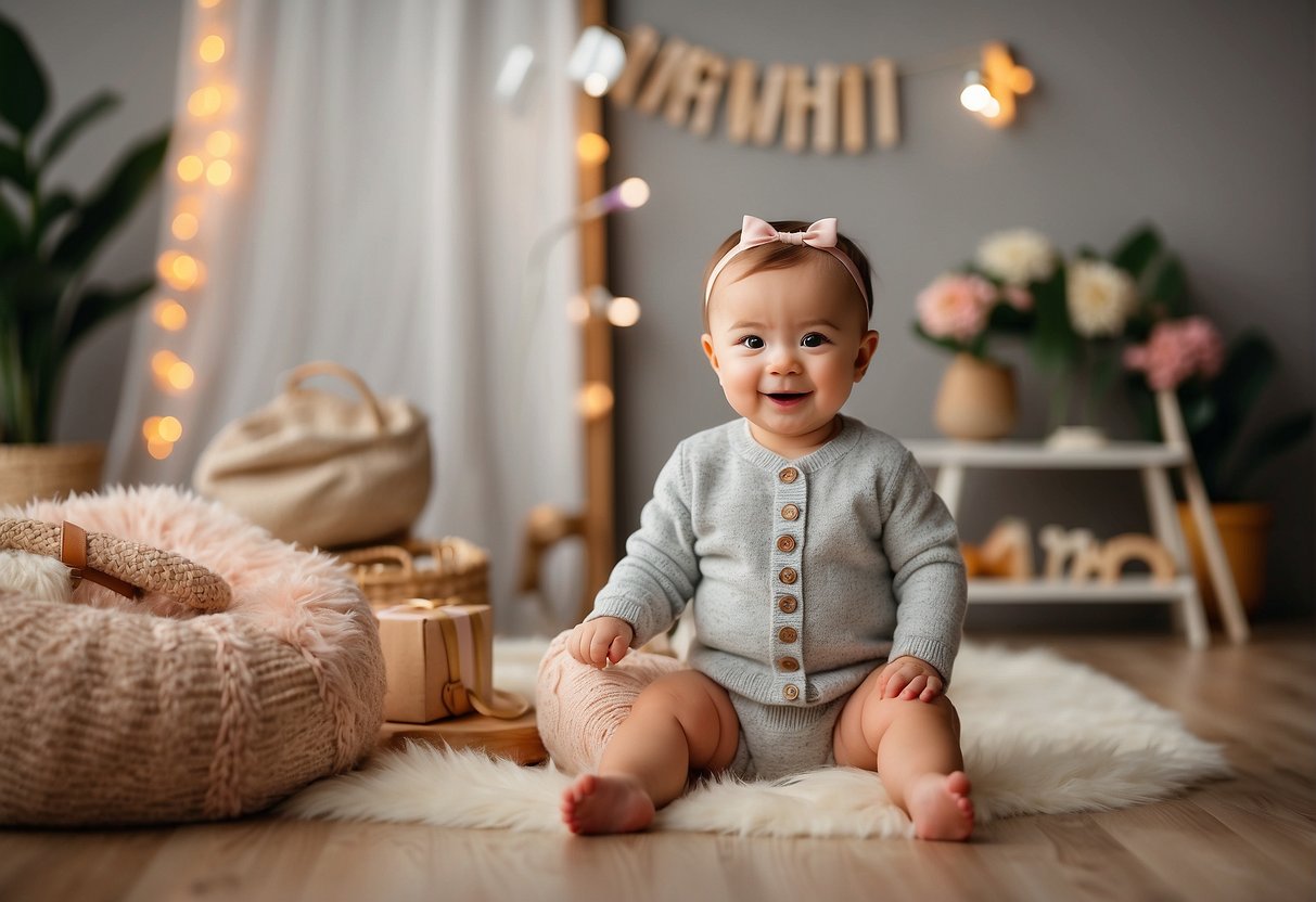 A cozy studio with soft, natural lighting, adorned with playful baby props and colorful backdrops. A sign reads "Exclusive Weekend Photo Shoot Promotions" in elegant script