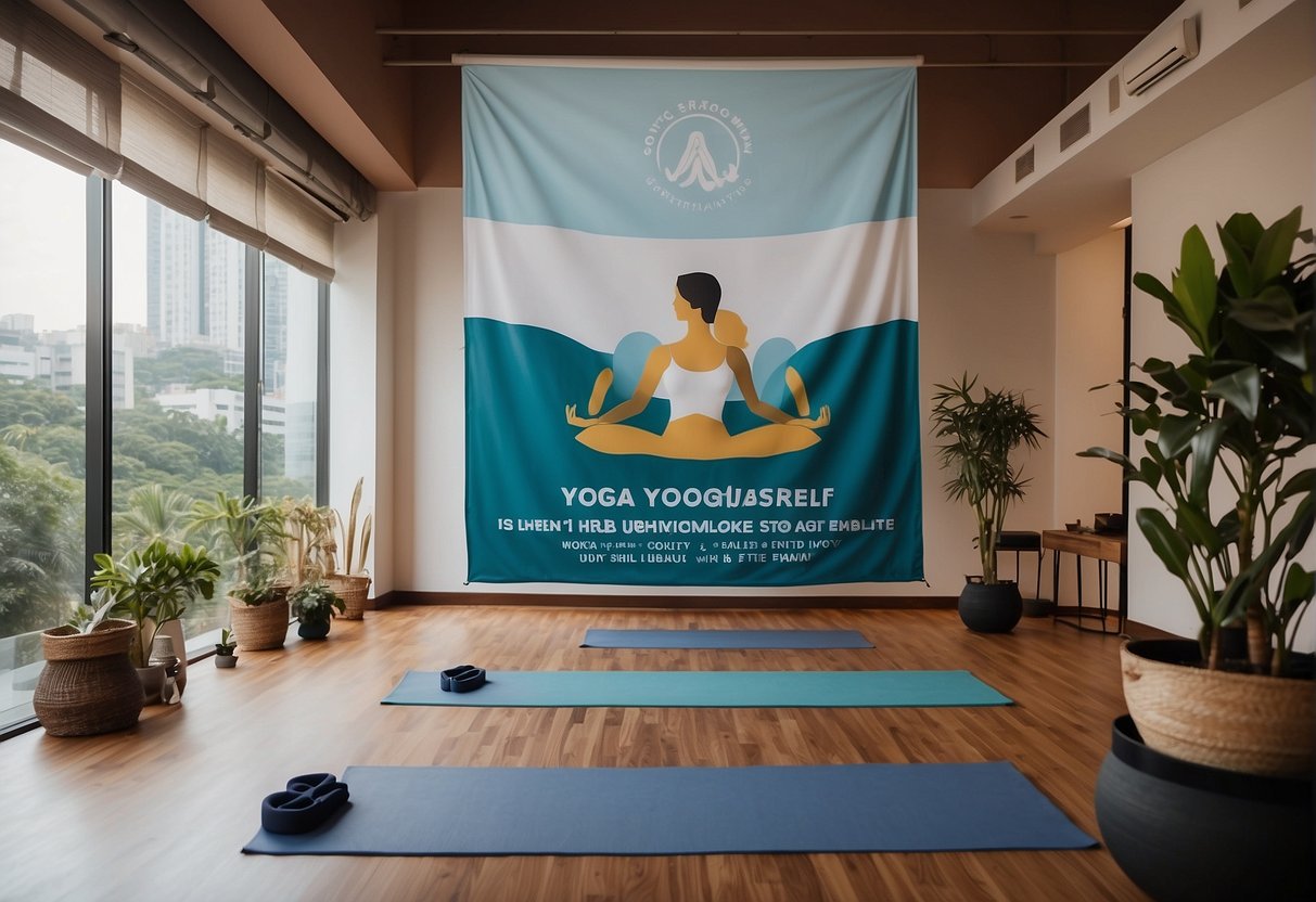 A serene yoga studio with a promotional banner in Singapore