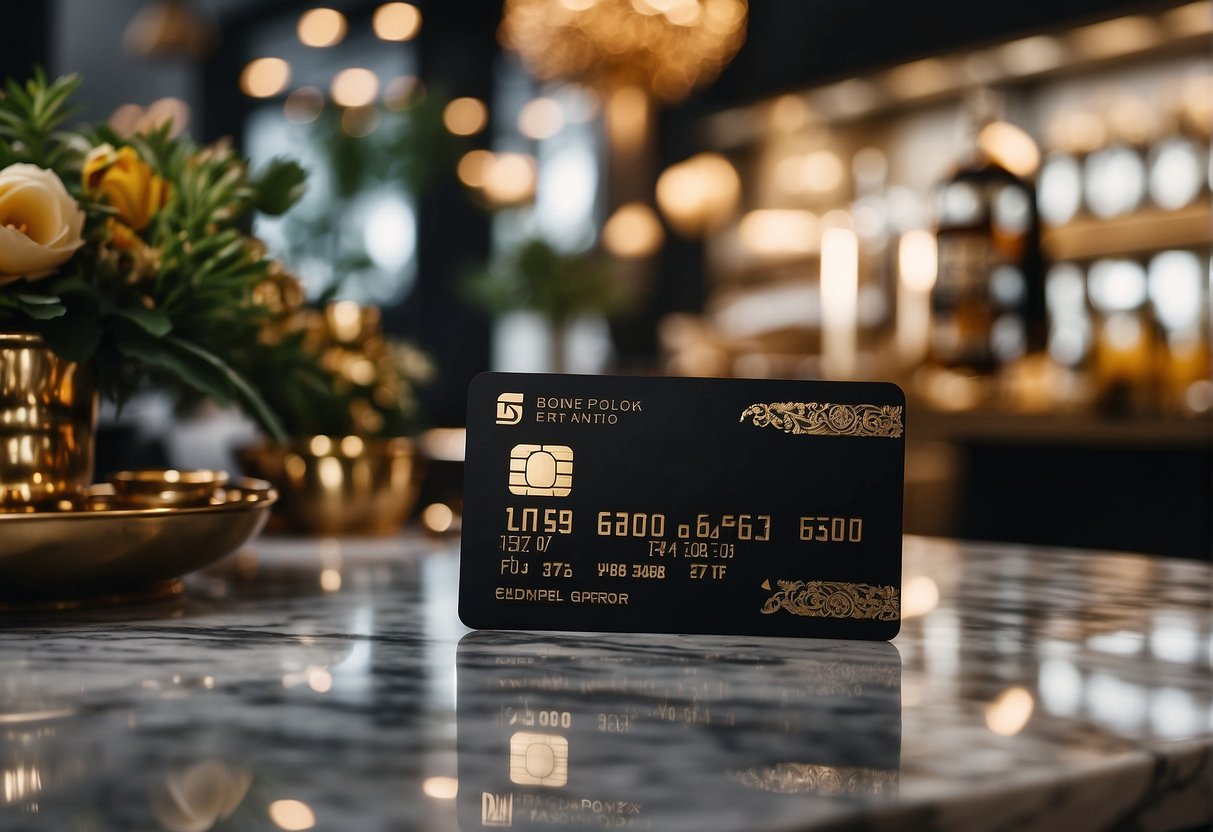 A luxurious black credit card with gold accents sits on a marble countertop, surrounded by elegant dining and shopping scenes in Singapore