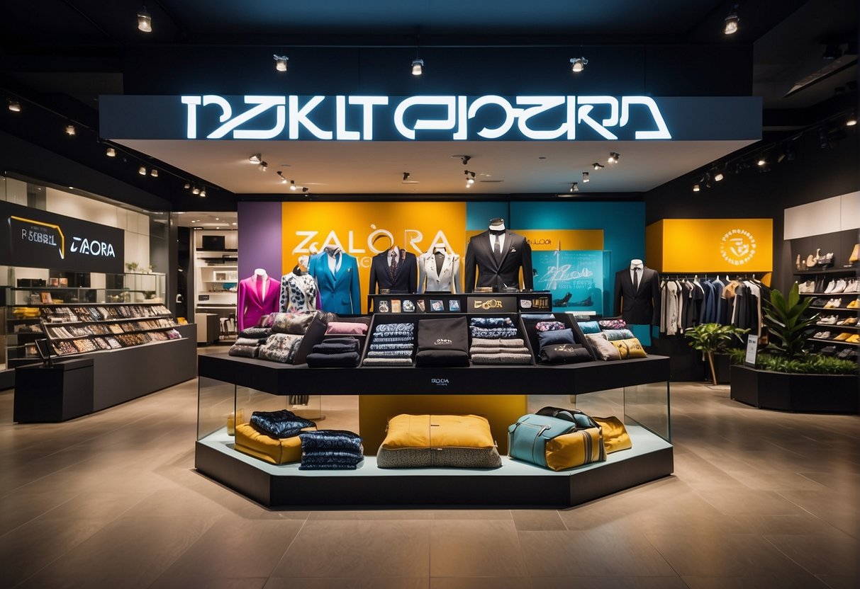 A colorful display of Zalora promotions, featuring various products and discounts, with the Zalora logo prominently displayed