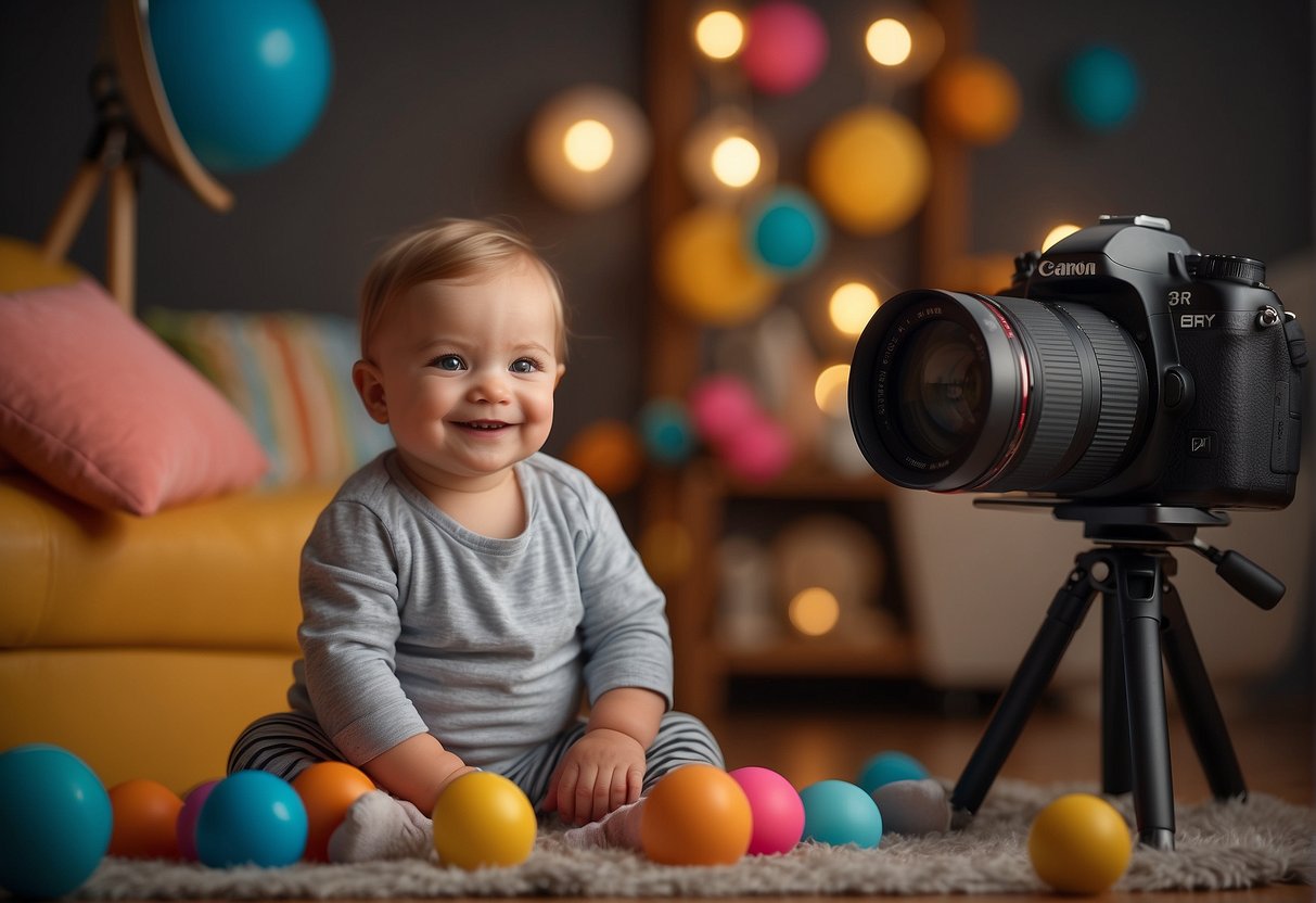 A smiling baby surrounded by colorful props and a professional camera in a cozy studio setting