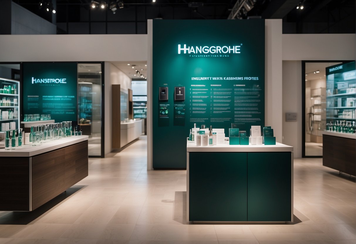 A colorful display of hansgrohe products with a prominent "Frequently Asked Questions" sign in a busy Singapore showroom