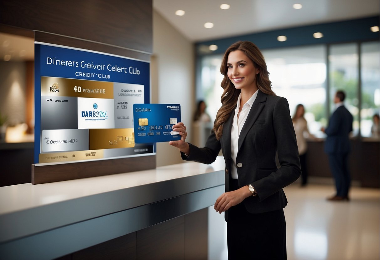 A traveler confidently presents their Diners Club credit card to a receptionist, with travel and insurance benefits highlighted on a promotional display