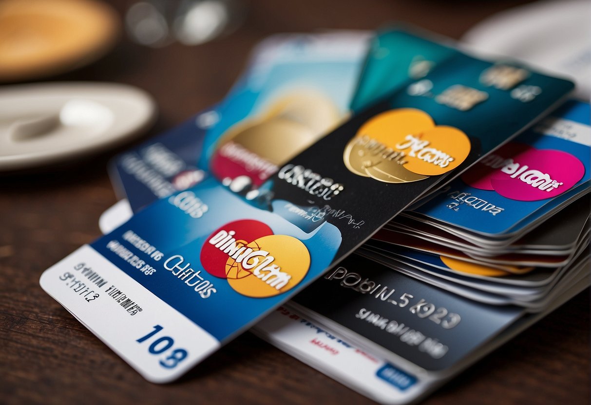 A stack of promotional materials for Diners Club credit cards in Singapore, with logos and text prominently displayed