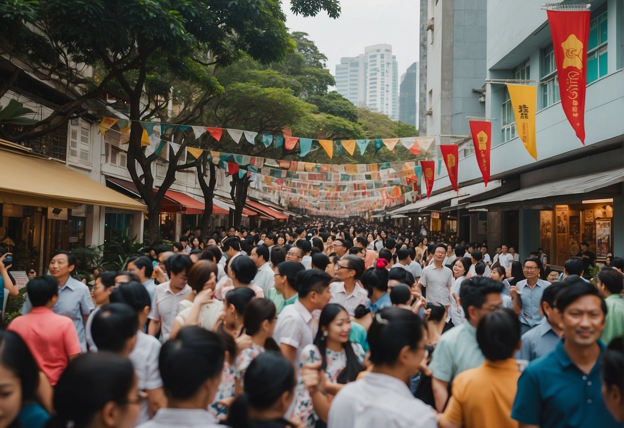 A bustling Singapore street with colorful banners and crowds, showcasing Novita promotions