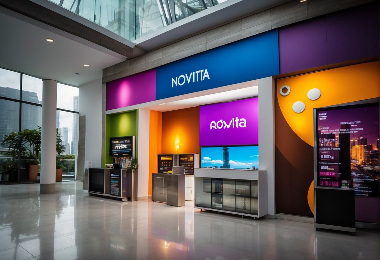 The novita promotions in Singapore feature vibrant colors, bold text, and eye-catching graphics. The display is set against a clean, modern backdrop, creating a dynamic and engaging visual experience
