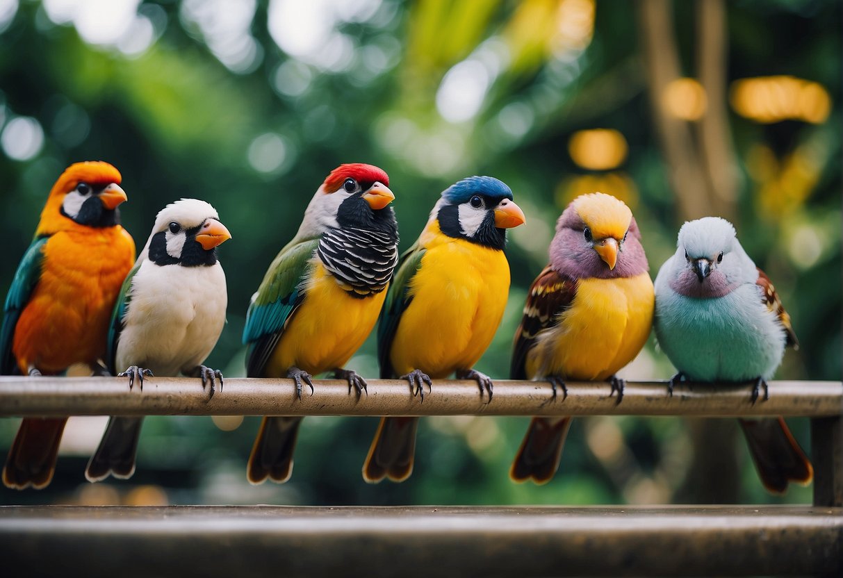 Colorful birds flock around signage for Bird Park Singapore promotions. Tourists point and smile