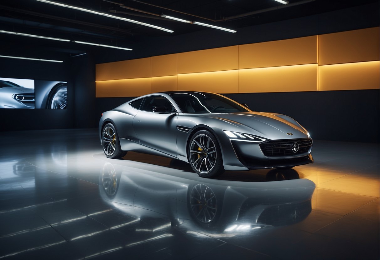 A sleek, modern car sits in a showroom with bright promotional banners and spotlights highlighting its features