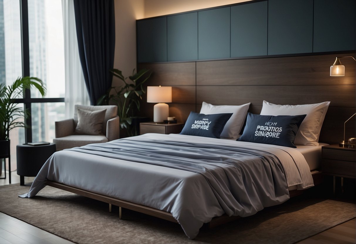 A bed sheet with "promotions Singapore" printed on it, draped over a bed with pillows and a nightstand beside it