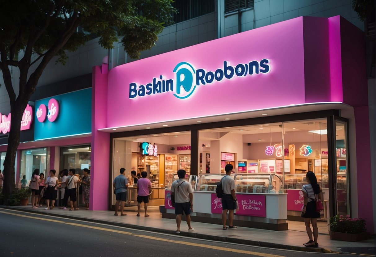 A vibrant Baskin Robbins storefront in Singapore with colorful promotional signs and a queue of customers
