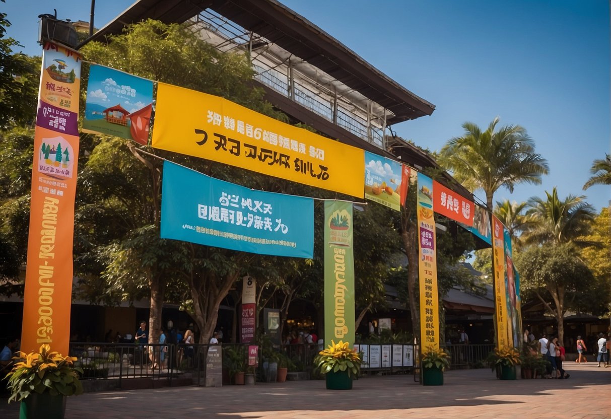 Colorful banners hang above the entrance to the bird park, advertising current promotions in bold lettering. Visitors are drawn to the enticing offers, creating a lively and bustling atmosphere