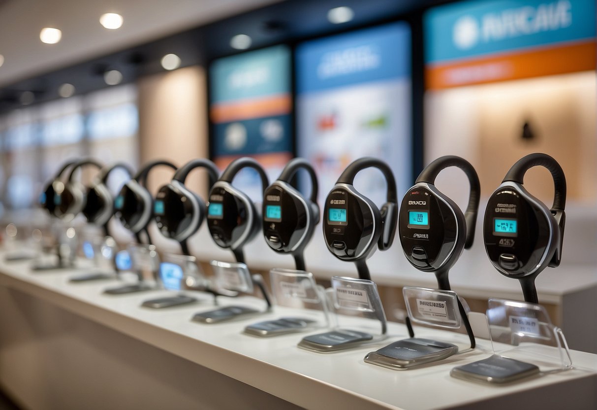 A group of hearing aids displayed in a bright and modern showroom, with promotional banners and posters showcasing the latest technology in Singapore