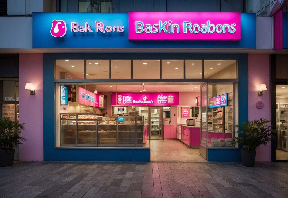 Colorful Baskin Robbins store front with bright signage advertising current ice cream promotions in Singapore. Displayed flavors and discounts draw in customers